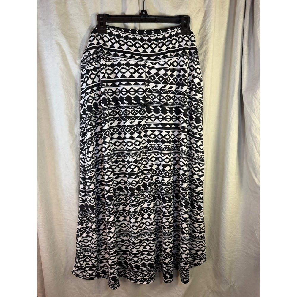 Womens Black White Geometric Tribal Print Maxi Skirt Stretch Waist Boho L